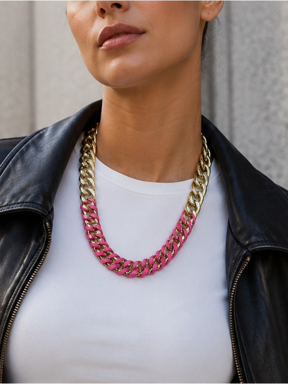 Pink & Gold Chunky Chain Layered Statement Necklace NWOT
